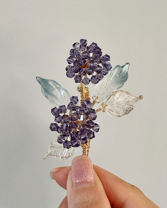 Spring garden hydrangea brooch in fairy blue
