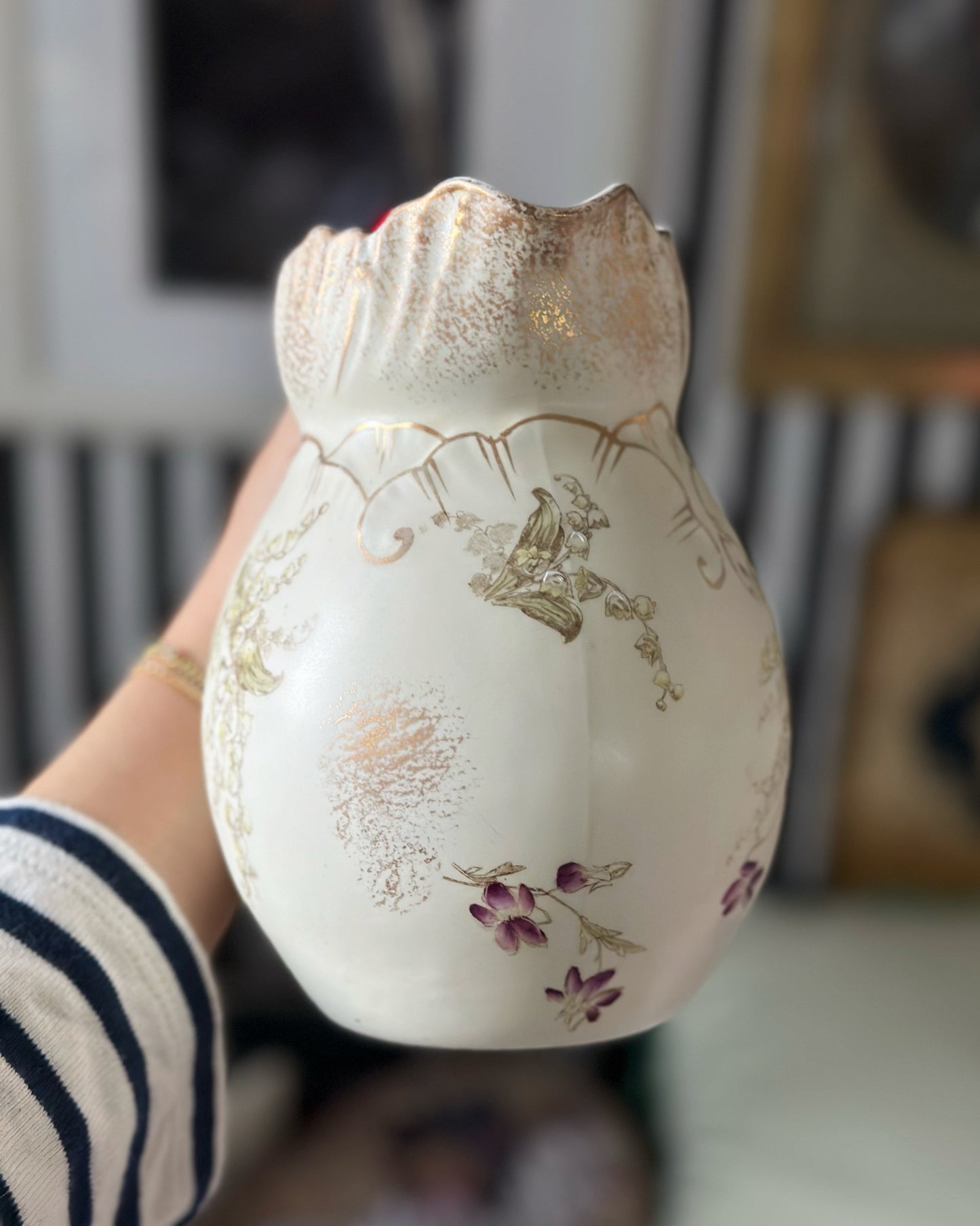 Antique handpainted lily of the valley water jug and milk jug set