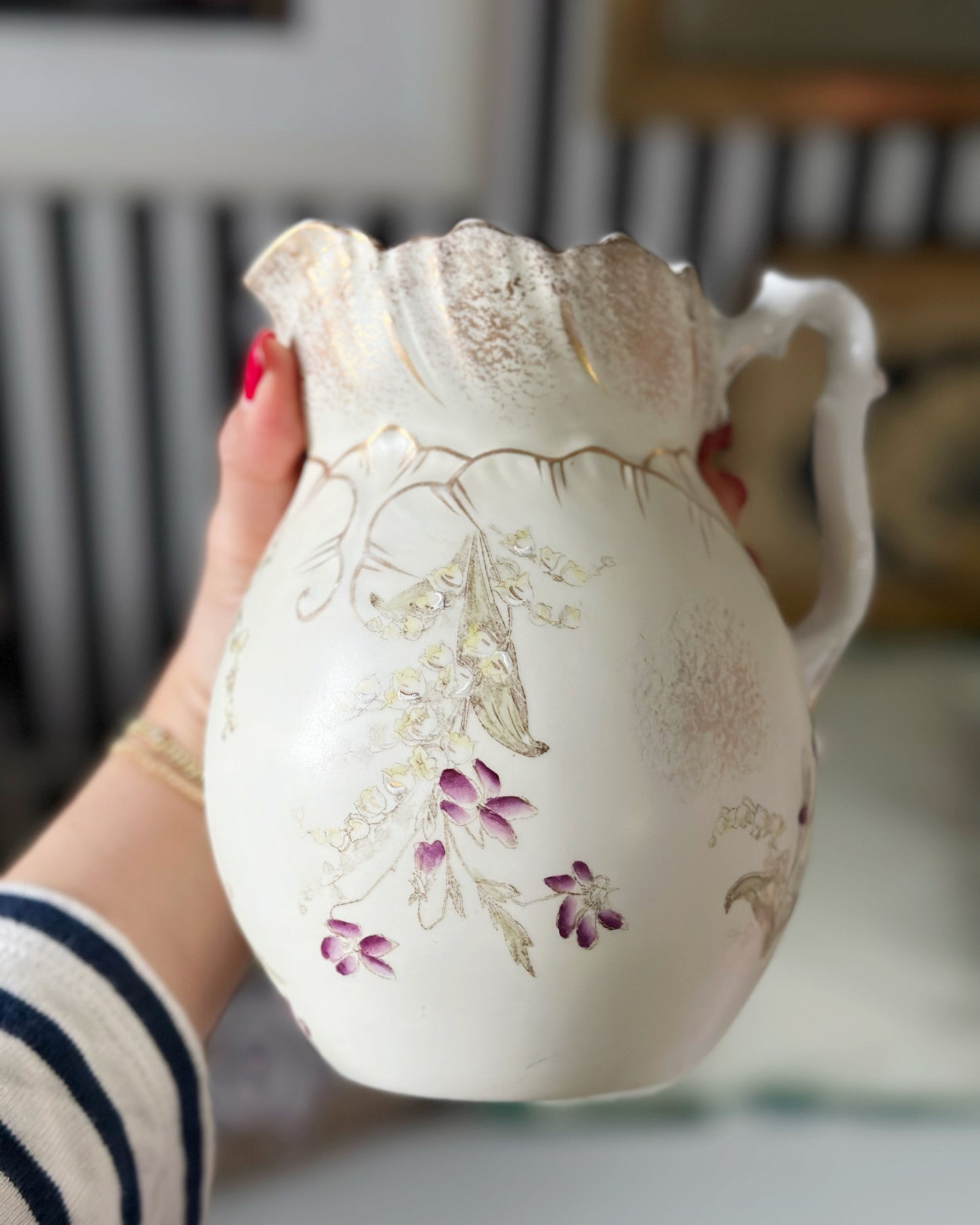 Antique handpainted lily of the valley water jug and milk jug set