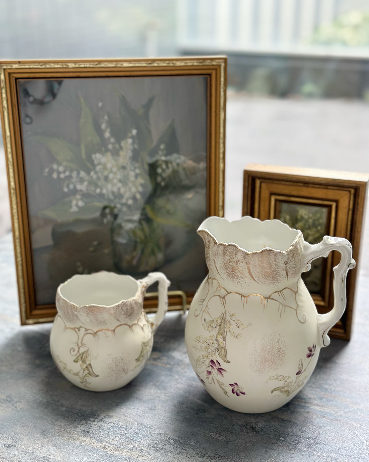 Antique handpainted lily of the valley water jug and milk jug set