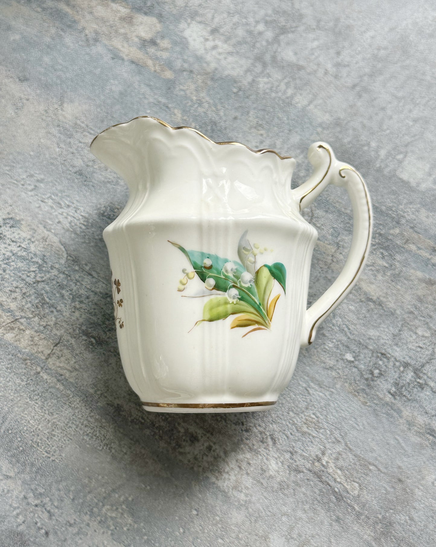 Antique English hand painted lily of the valley sugar bowl and milk jug set