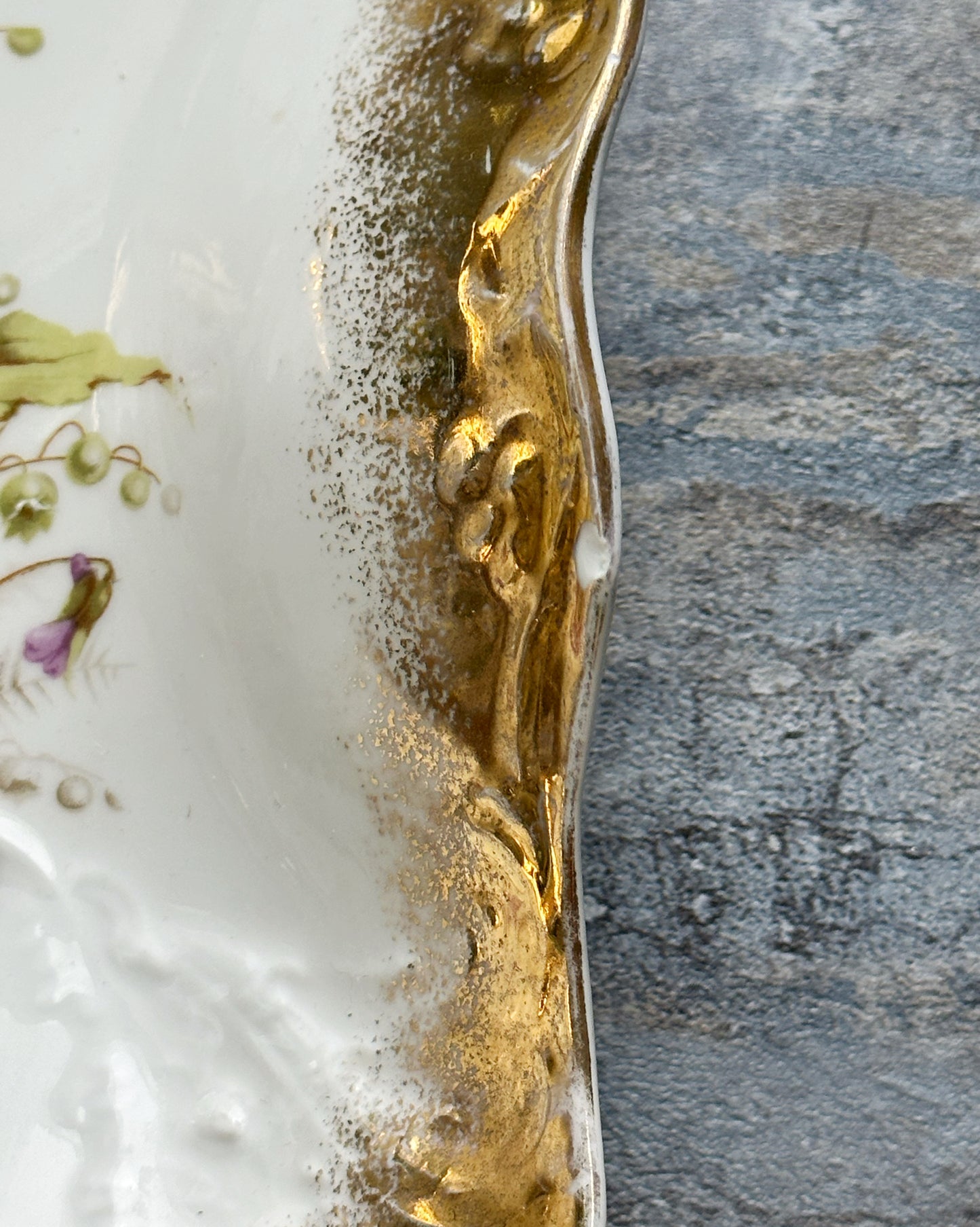 Antique hand painted lily of the valley gold gilded serving bowl