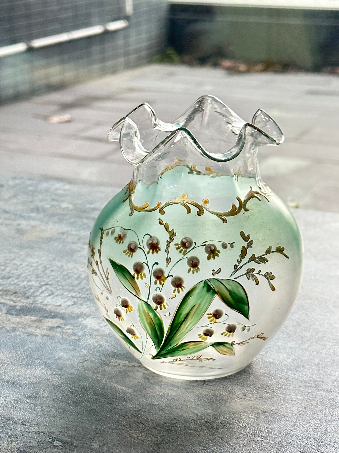 Antique Victorian hand painted lily of the valley glass vase