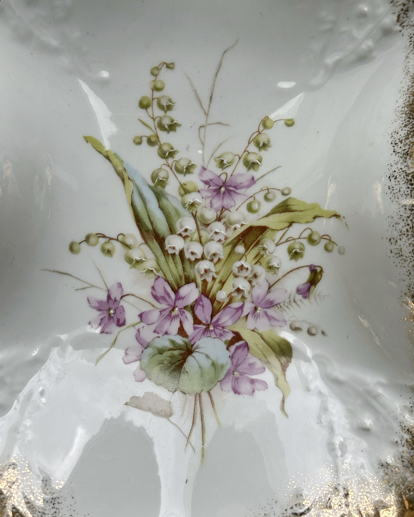 Antique hand painted lily of the valley gold gilded serving bowl