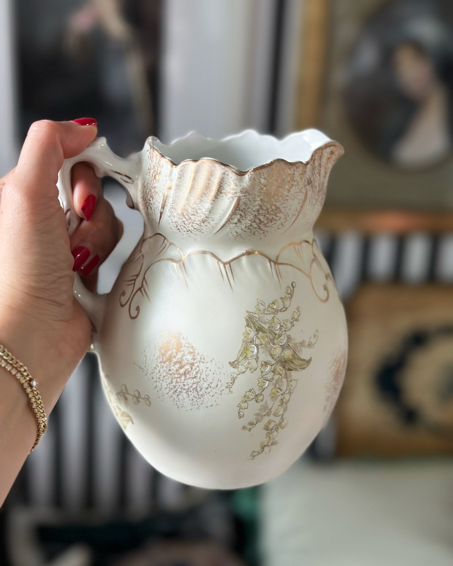Antique handpainted lily of the valley water jug and milk jug set