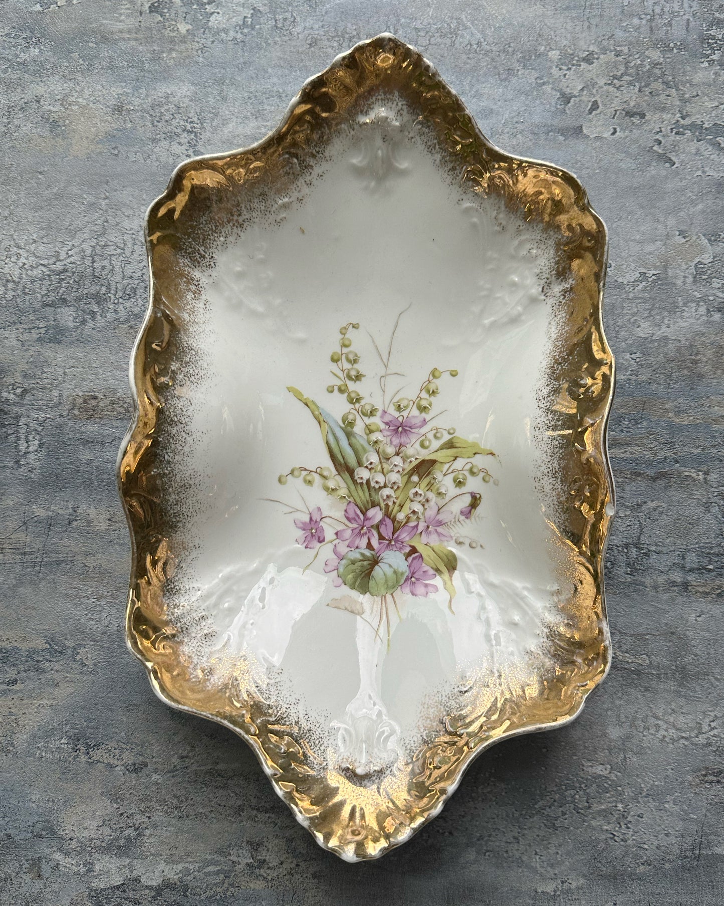 Antique hand painted lily of the valley gold gilded serving bowl