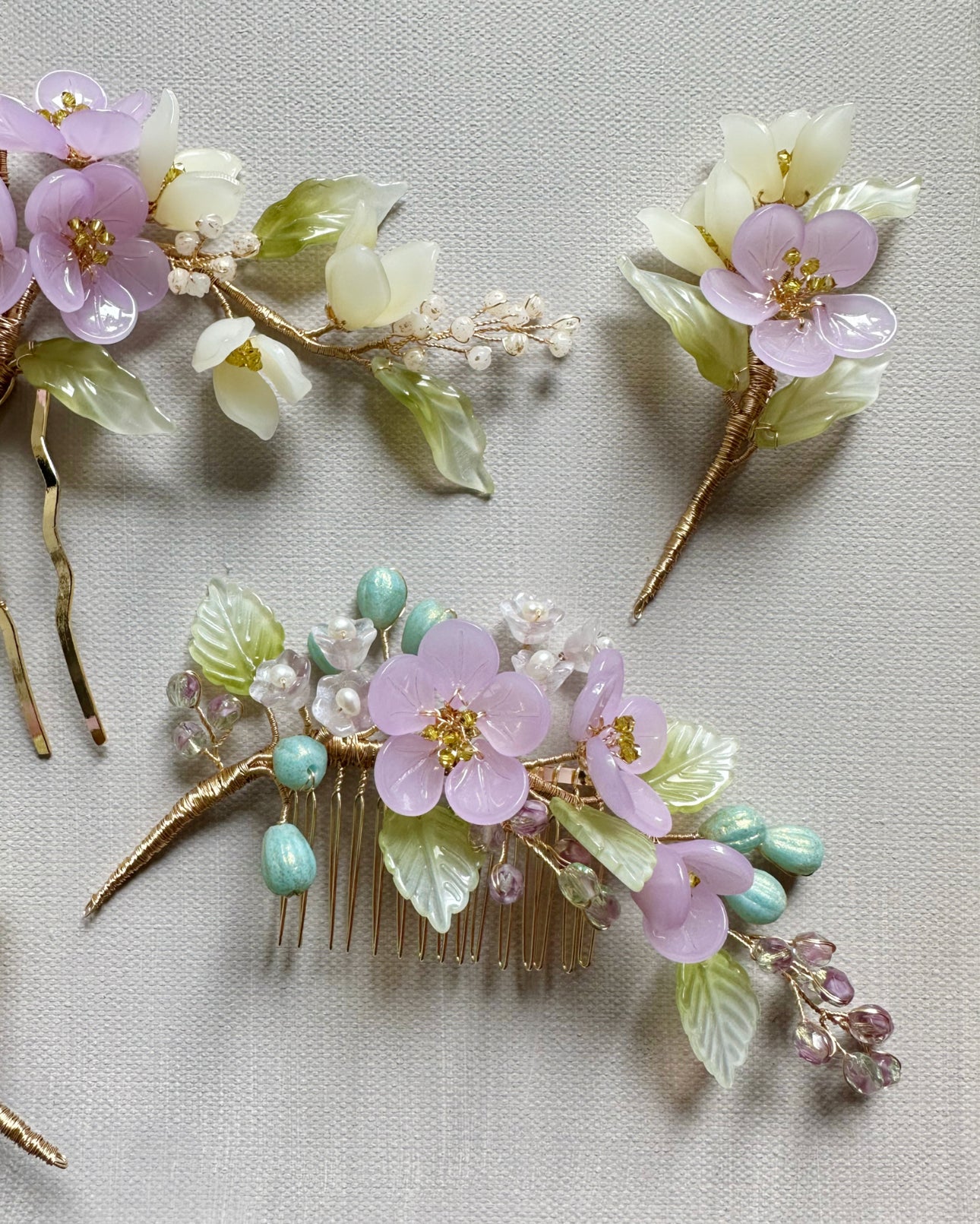 《Anita's Spring Garden》luxurious plum blossom and lily of the valley wedding hair slide