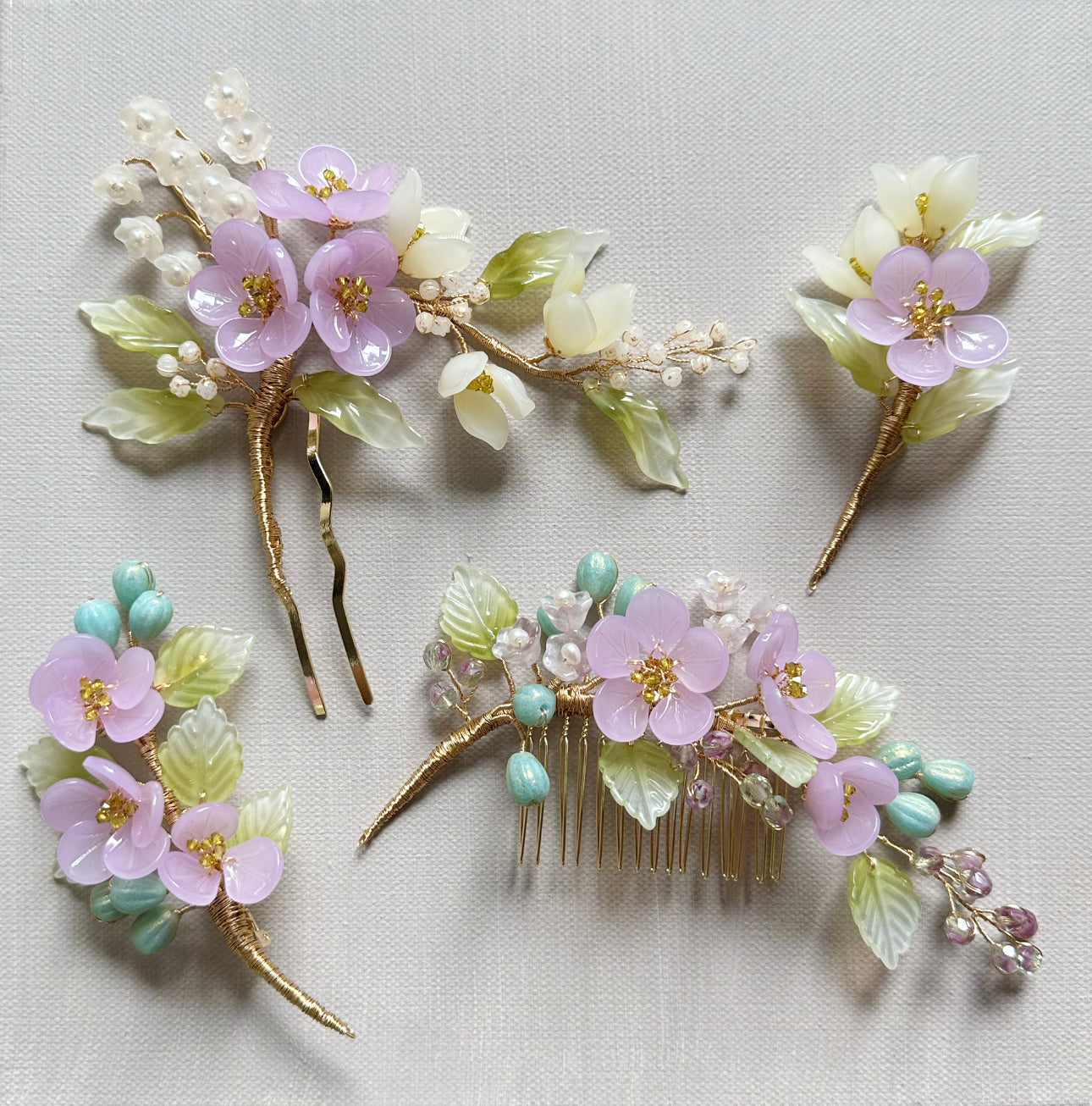 《Anita's Spring Garden》luxurious plum blossom and lily of the valley wedding hairpin