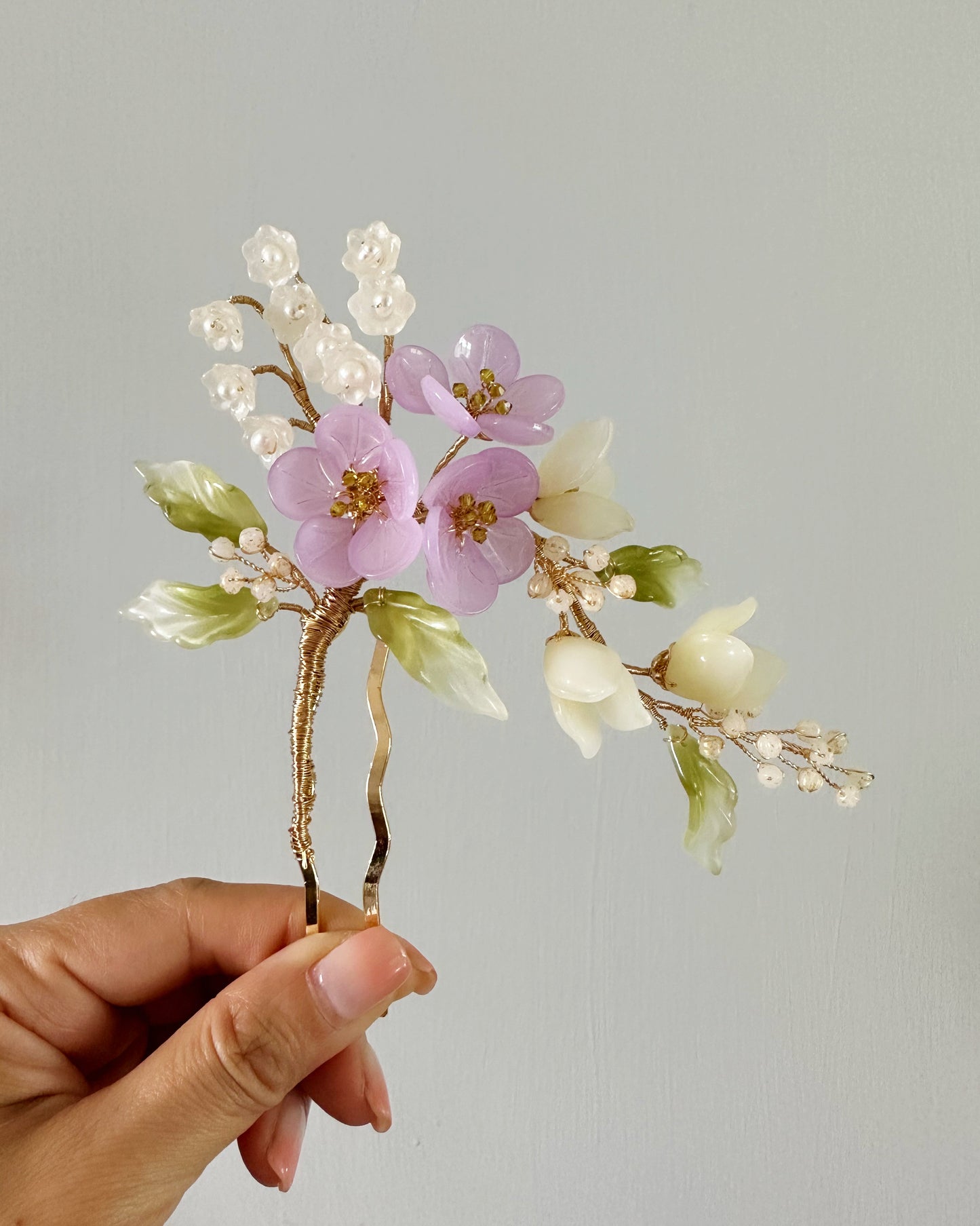 《Anita's Spring Garden》luxurious plum blossom and lily of the valley wedding hairpin