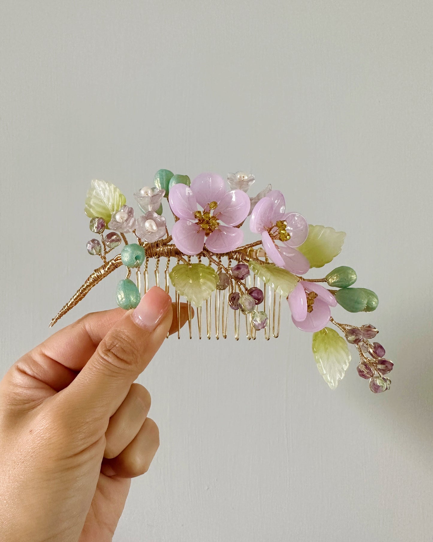 《Anita's Spring Garden》luxurious plum blossom and lily of the valley wedding hair slide