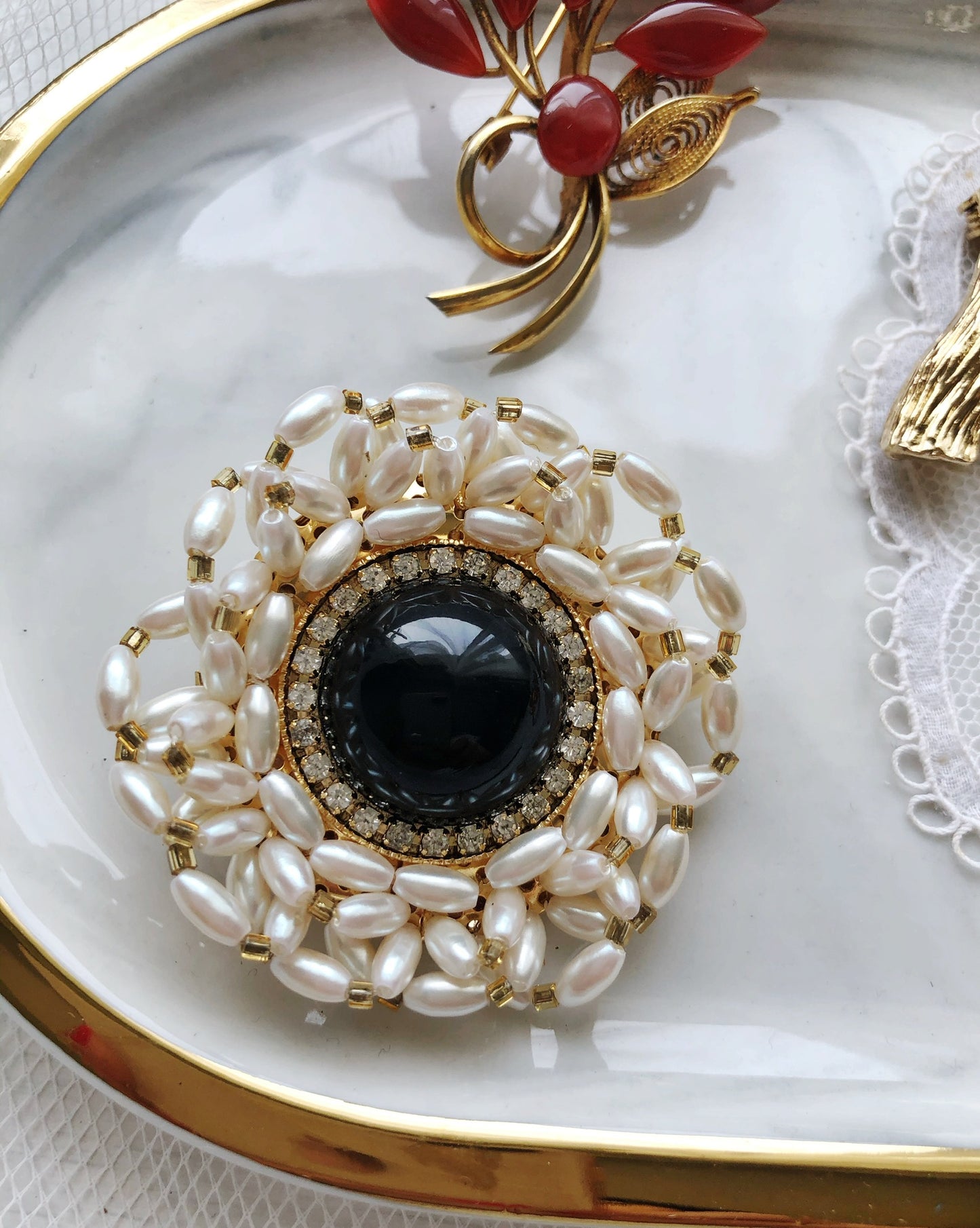 Vintage pearl and black bead rhinestone brooch
