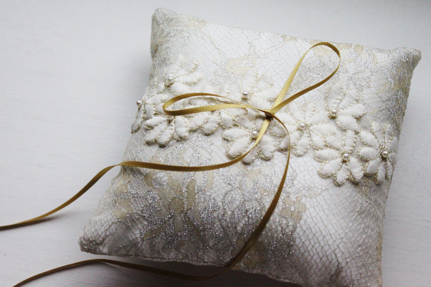 Floral Embroidery Ring Pillow in Gold and Silver