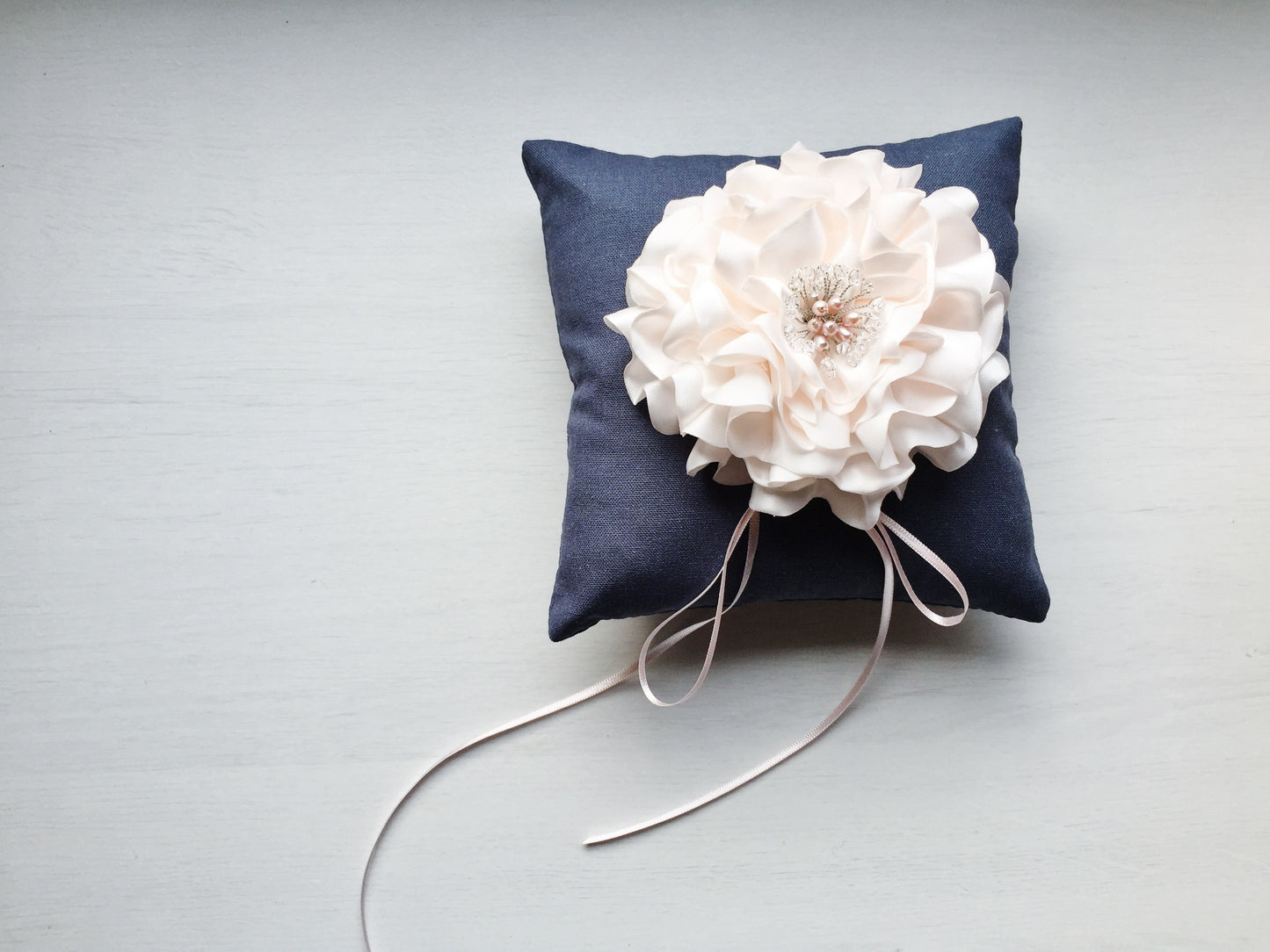 Signature Peony Ring Pillow in Antique Blue and Powder Pink Peony