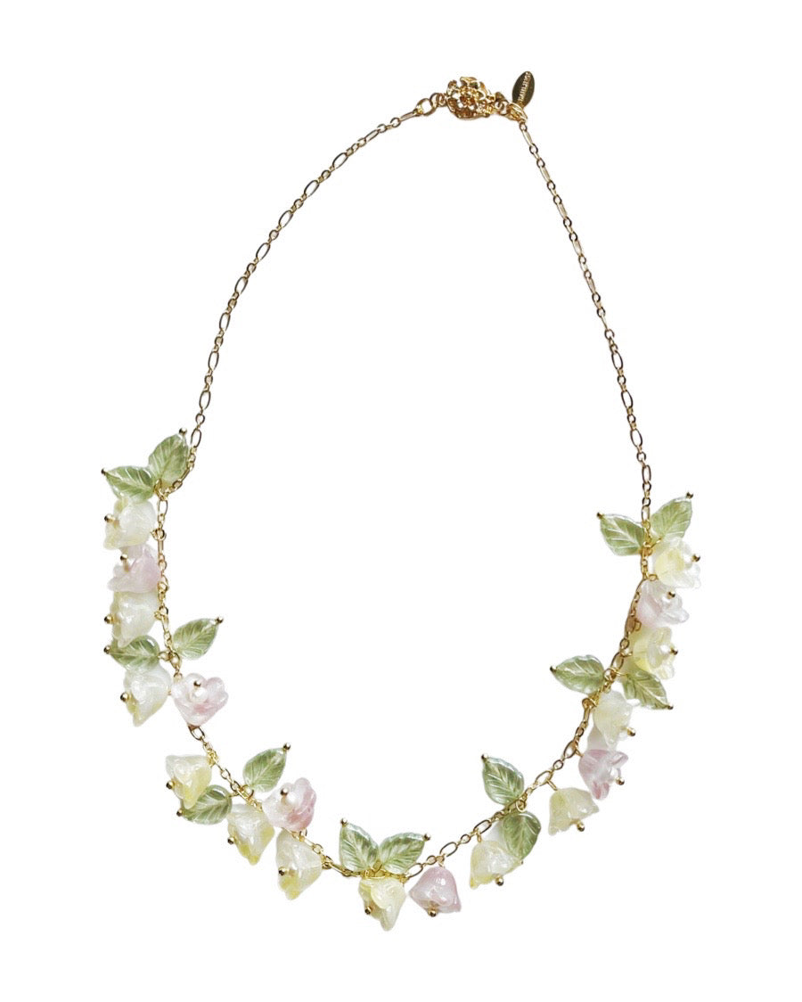 Spring Canterbury bell flowers bouquet necklace in baby yellow and dusty purple
