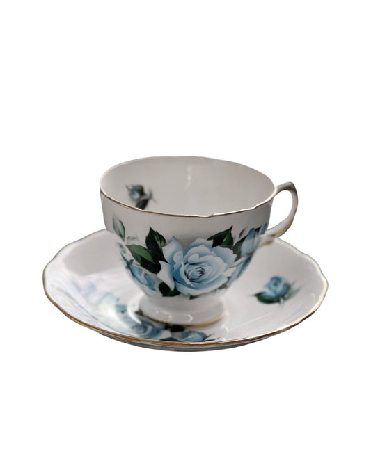 Vintage 1960 hand painted blue rose tea cup and saucer trio set