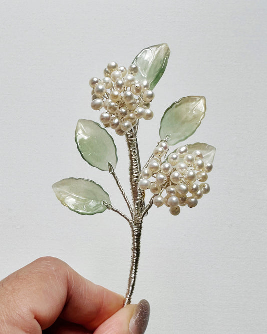 Floral fairy hydrangea bouquet brooch in white pearls