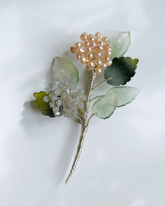 Floral fairy hydrangea bouquet brooch in peach pearls and Swarovski crystals
