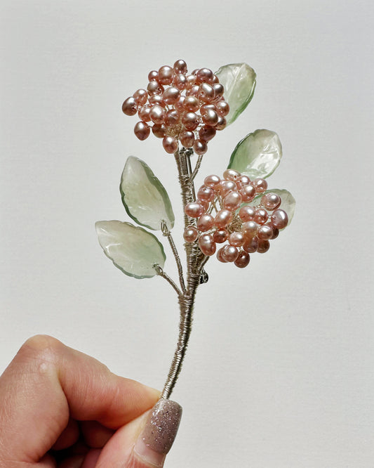 Floral fairy hydrangea bouquet brooch in pink pearls