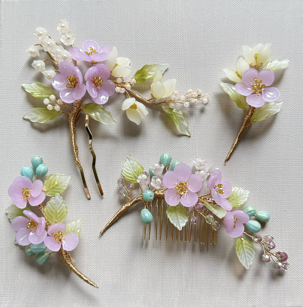 《Anita's Spring Garden》luxurious plum blossom and lily of the valley wedding hair slide