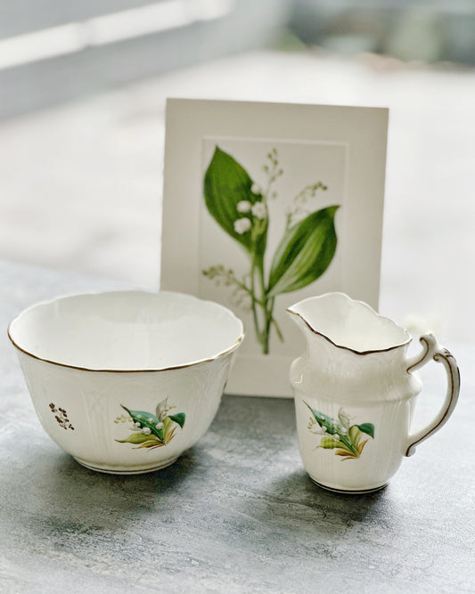 Antique English hand painted lily of the valley sugar bowl and milk jug set