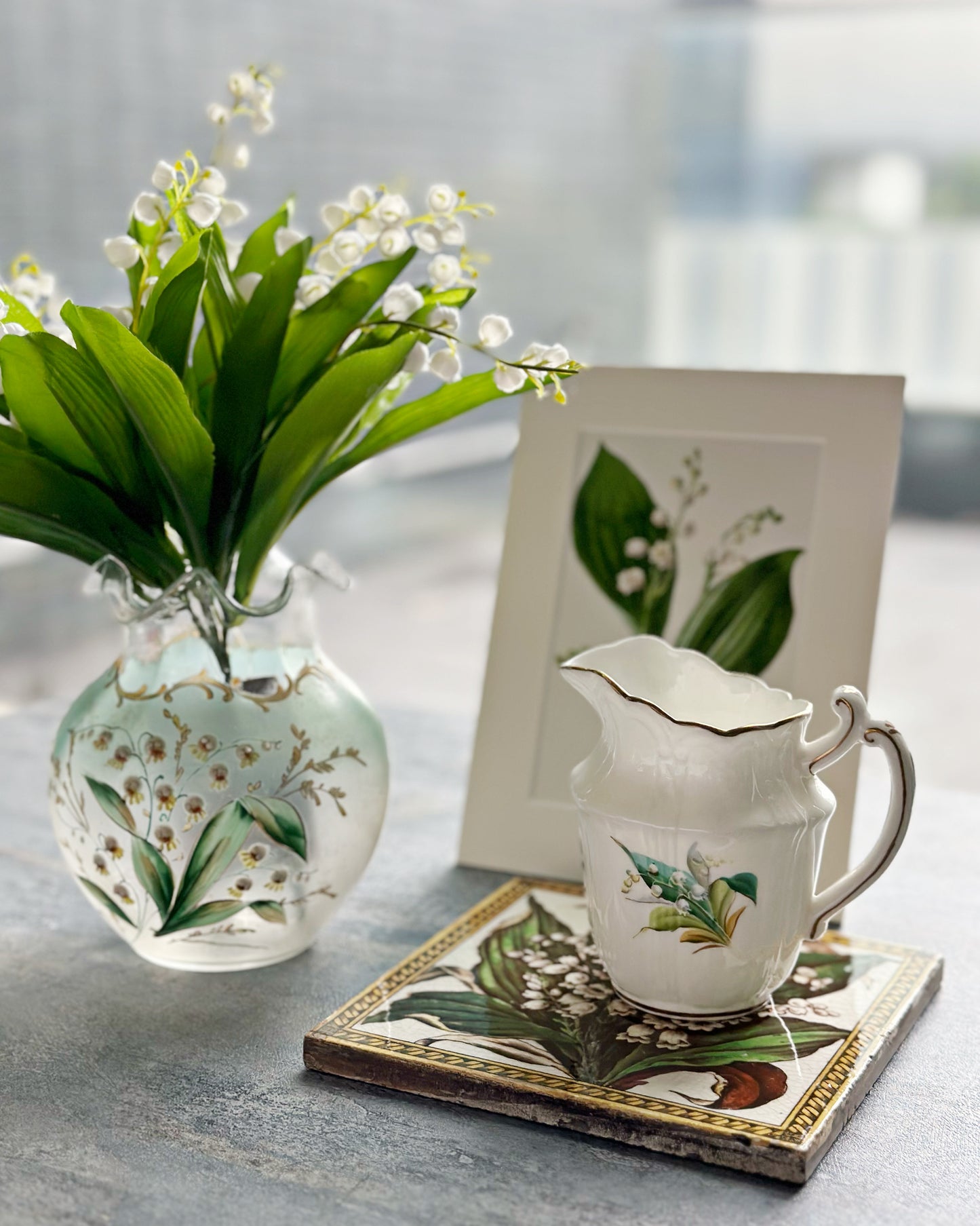 Antique English hand painted lily of the valley sugar bowl and milk jug set