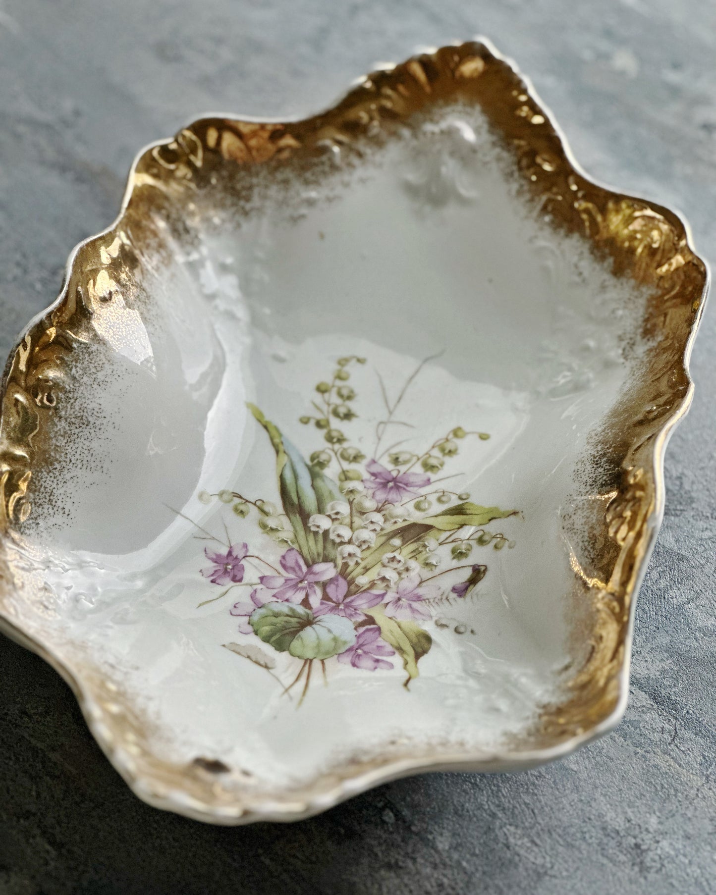 Antique hand painted lily of the valley gold gilded serving bowl