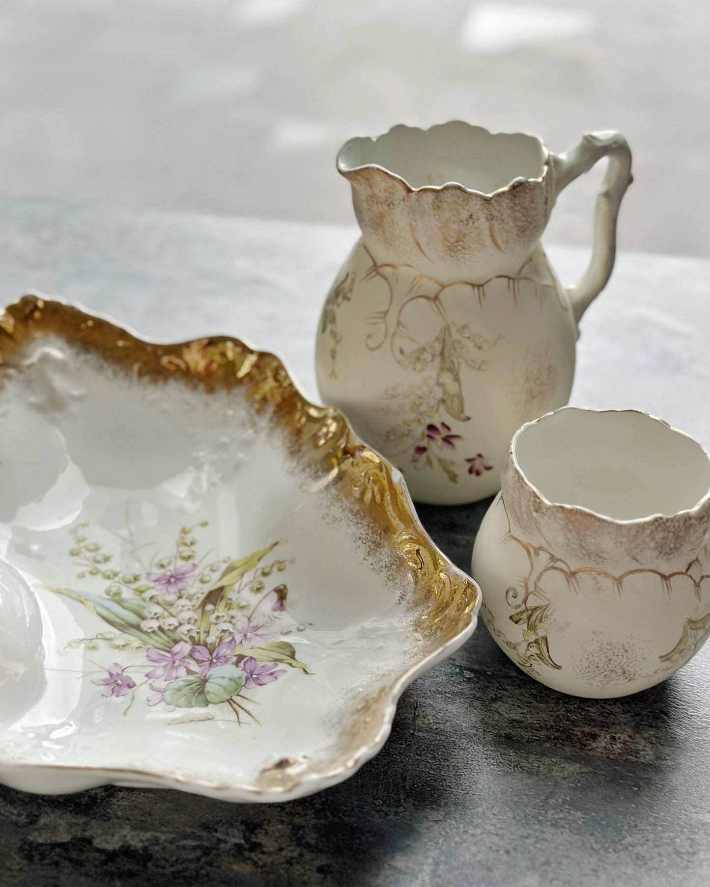 Antique hand painted lily of the valley gold gilded serving bowl