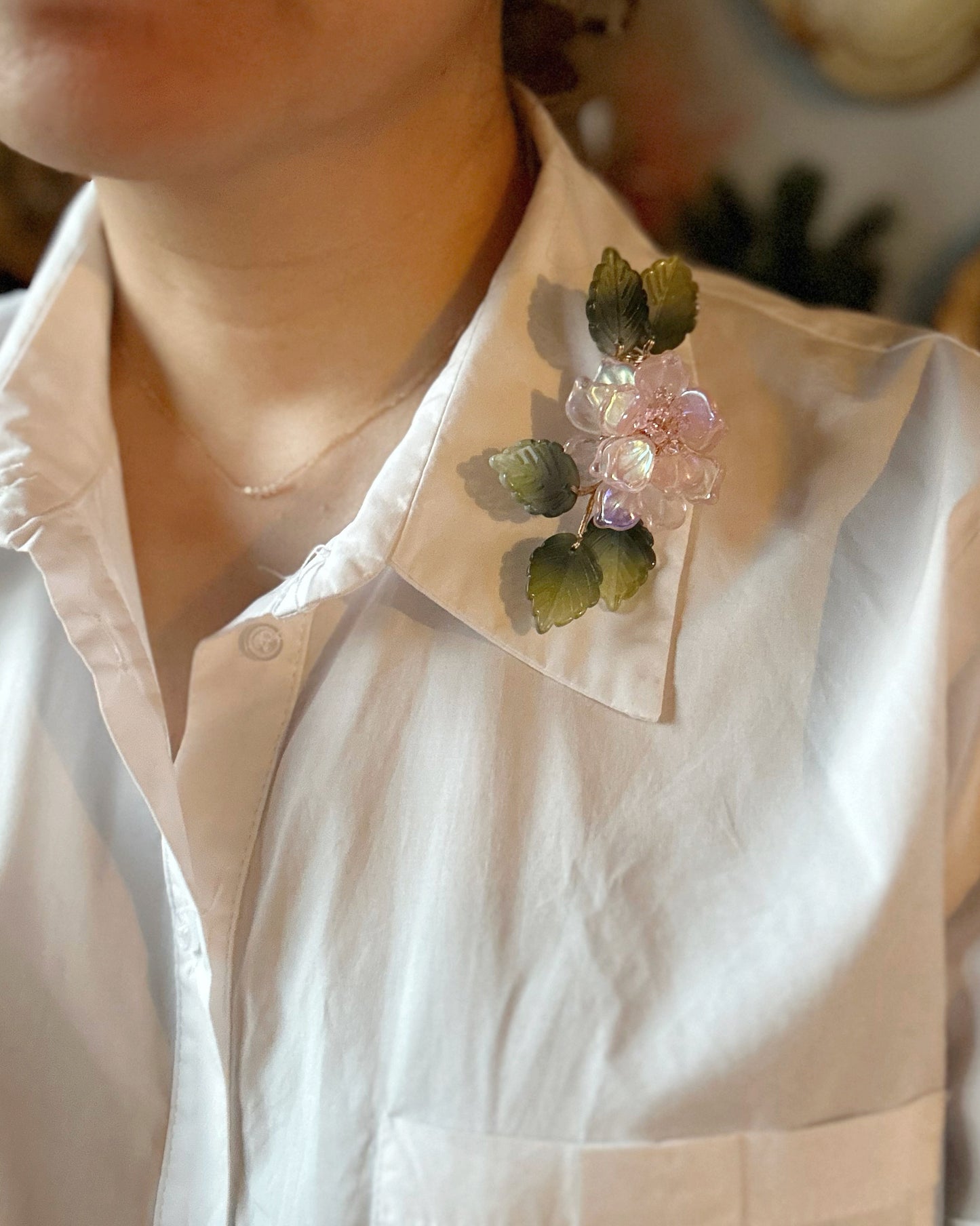 The new peony collar brooch in AB pink