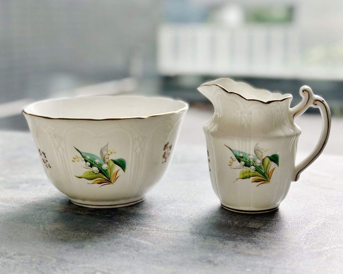 Antique English hand painted lily of the valley sugar bowl and milk jug set