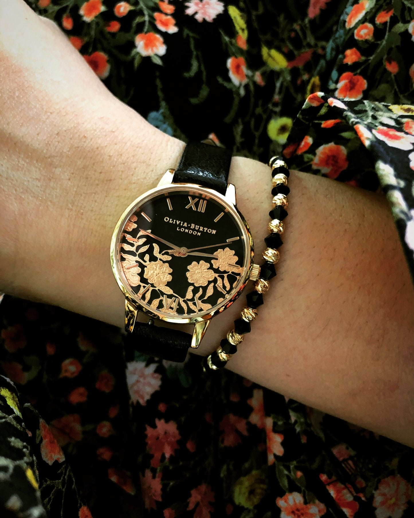 Swarovski crystal and 14K gold plated beads bracelet in black and gold