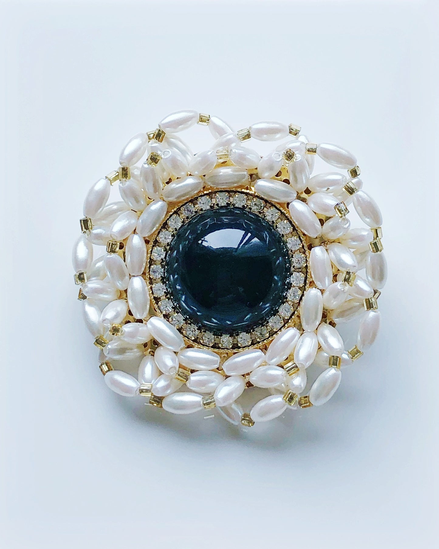 Vintage pearl and black bead rhinestone brooch