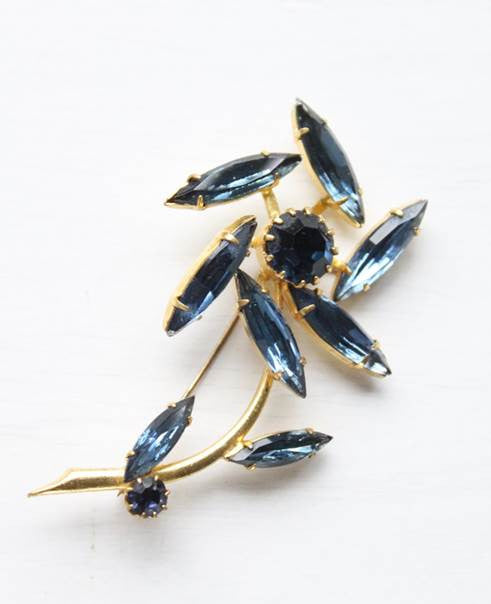 Vintage Blue Abstract Rhinestone Flower Brooch