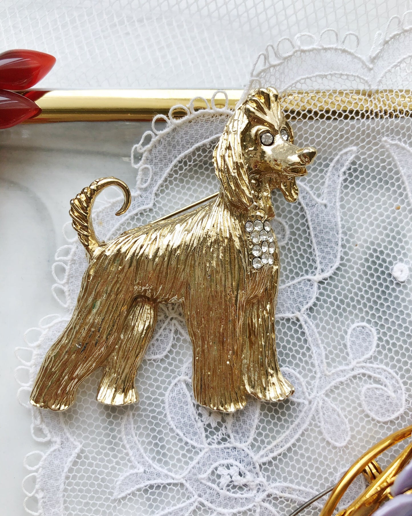 Vintage Afghan hound gold and rhinestone brooch