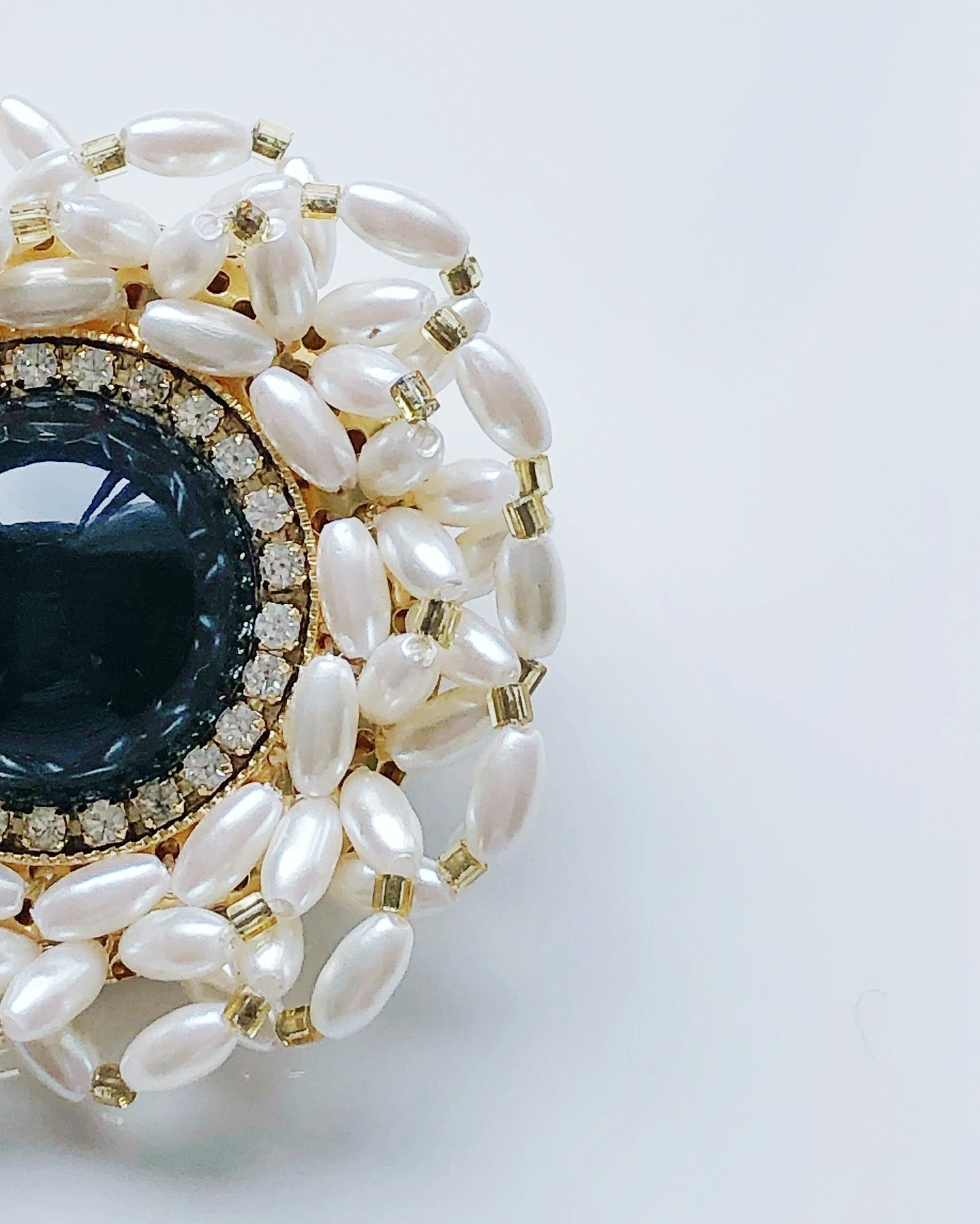 Vintage pearl and black bead rhinestone brooch