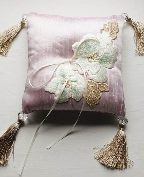 Vintage Beige Embroidered Flowers on Baby Pink Thai Silk Pillow