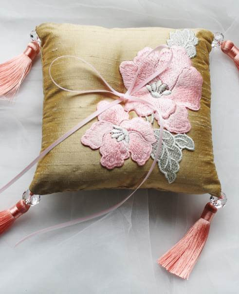 Salmon Pink Embroidered Flowers on Antique Gold Thai Silk Pillow