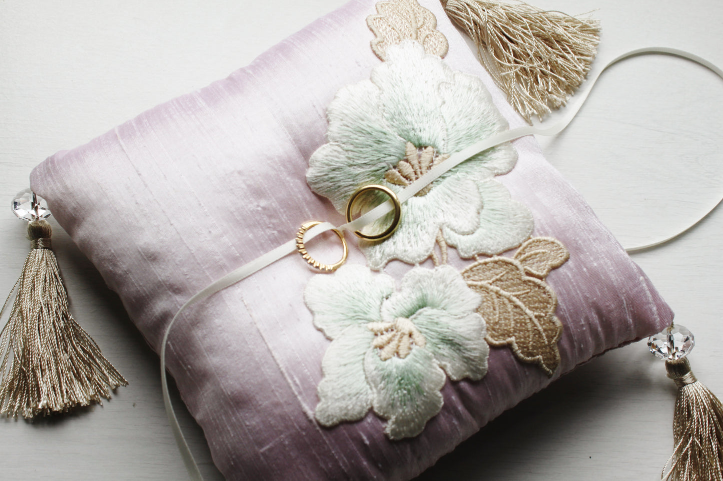 Vintage Beige Embroidered Flowers on Baby Pink Thai Silk Pillow