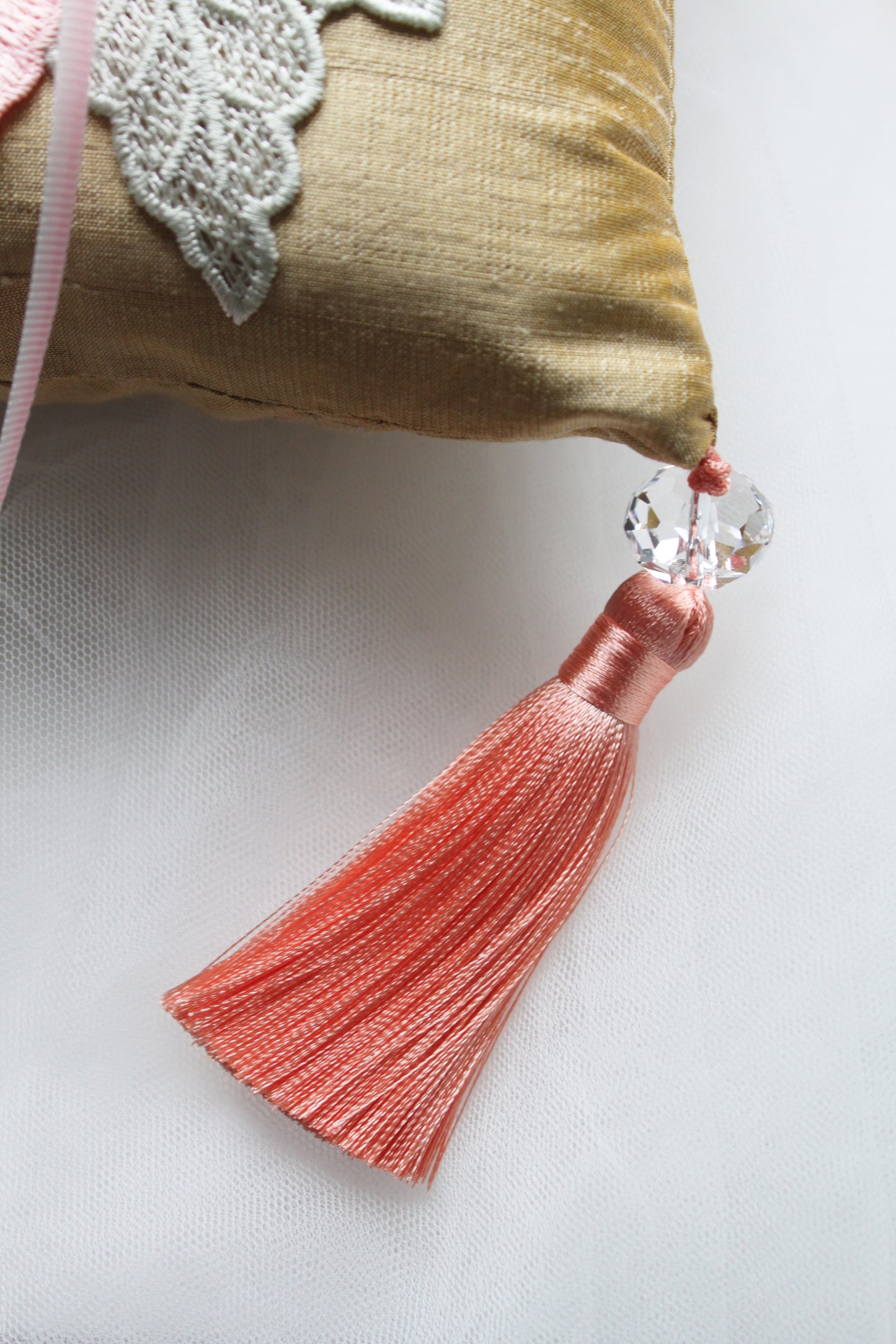 Salmon Pink Embroidered Flowers on Antique Gold Thai Silk Pillow