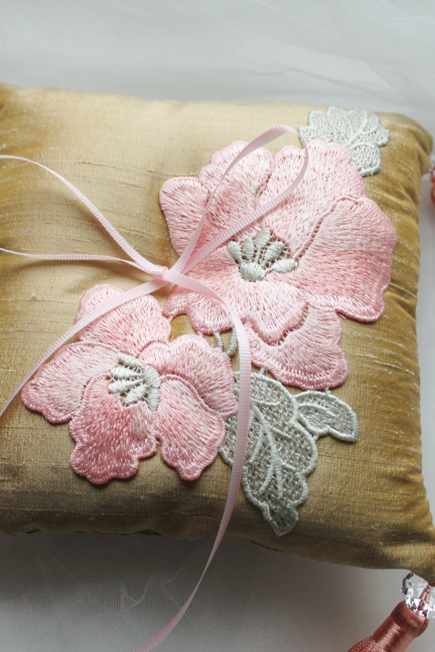 Salmon Pink Embroidered Flowers on Antique Gold Thai Silk Pillow