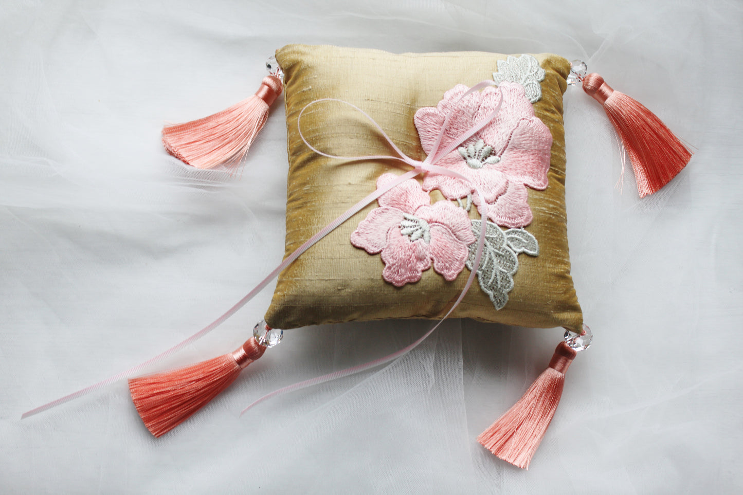 Salmon Pink Embroidered Flowers on Antique Gold Thai Silk Pillow