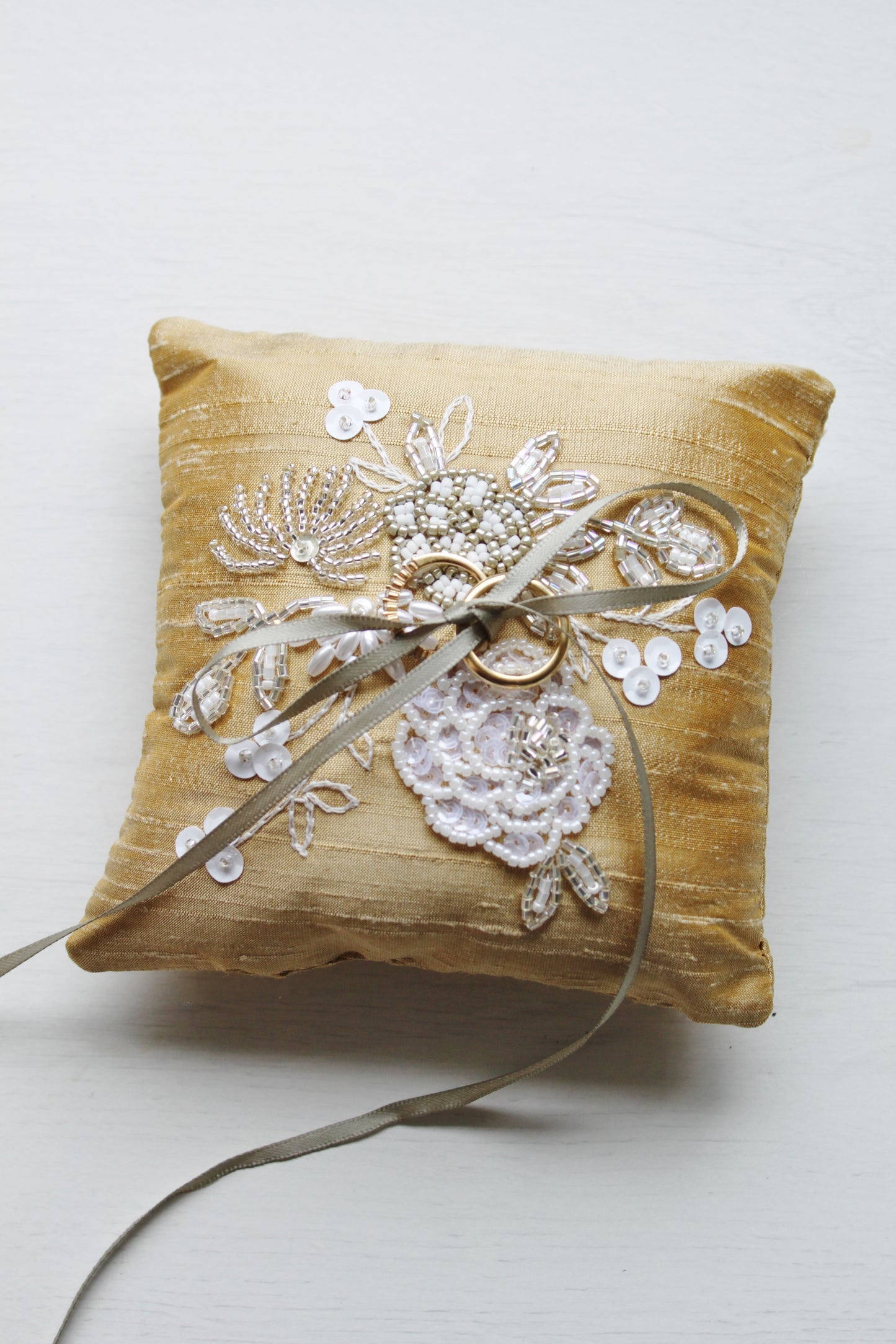 Couture Beading Thai Silk Ring Pillow in Gold