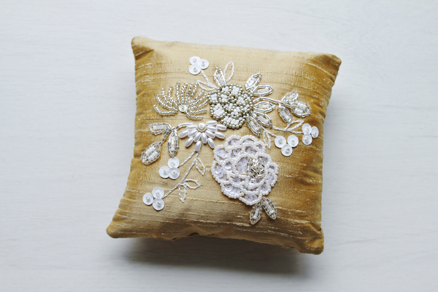 Couture Beading Thai Silk Ring Pillow in Gold