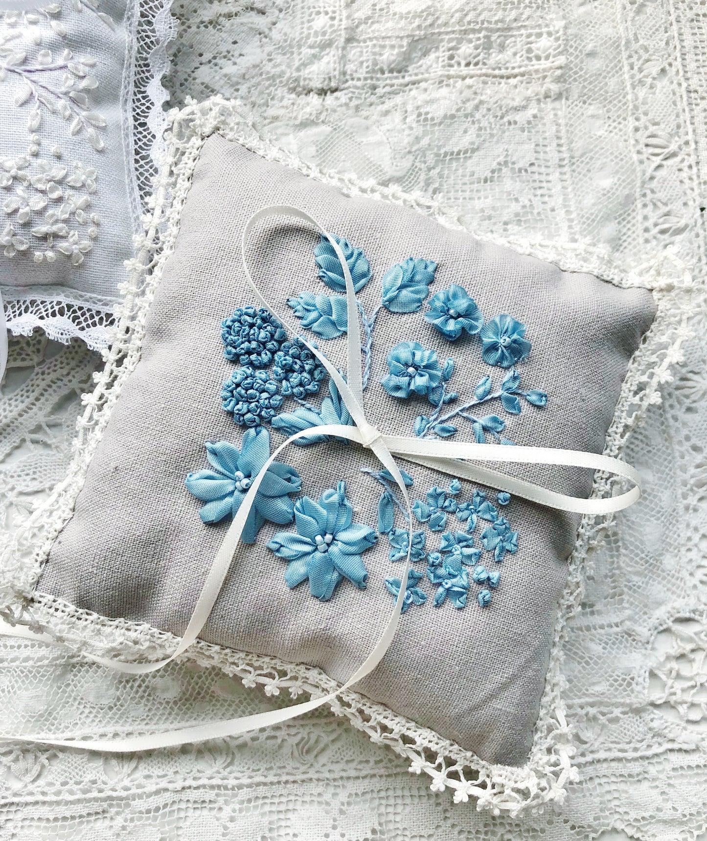 Edwardian embroidered floral ring pillow in oatmeal