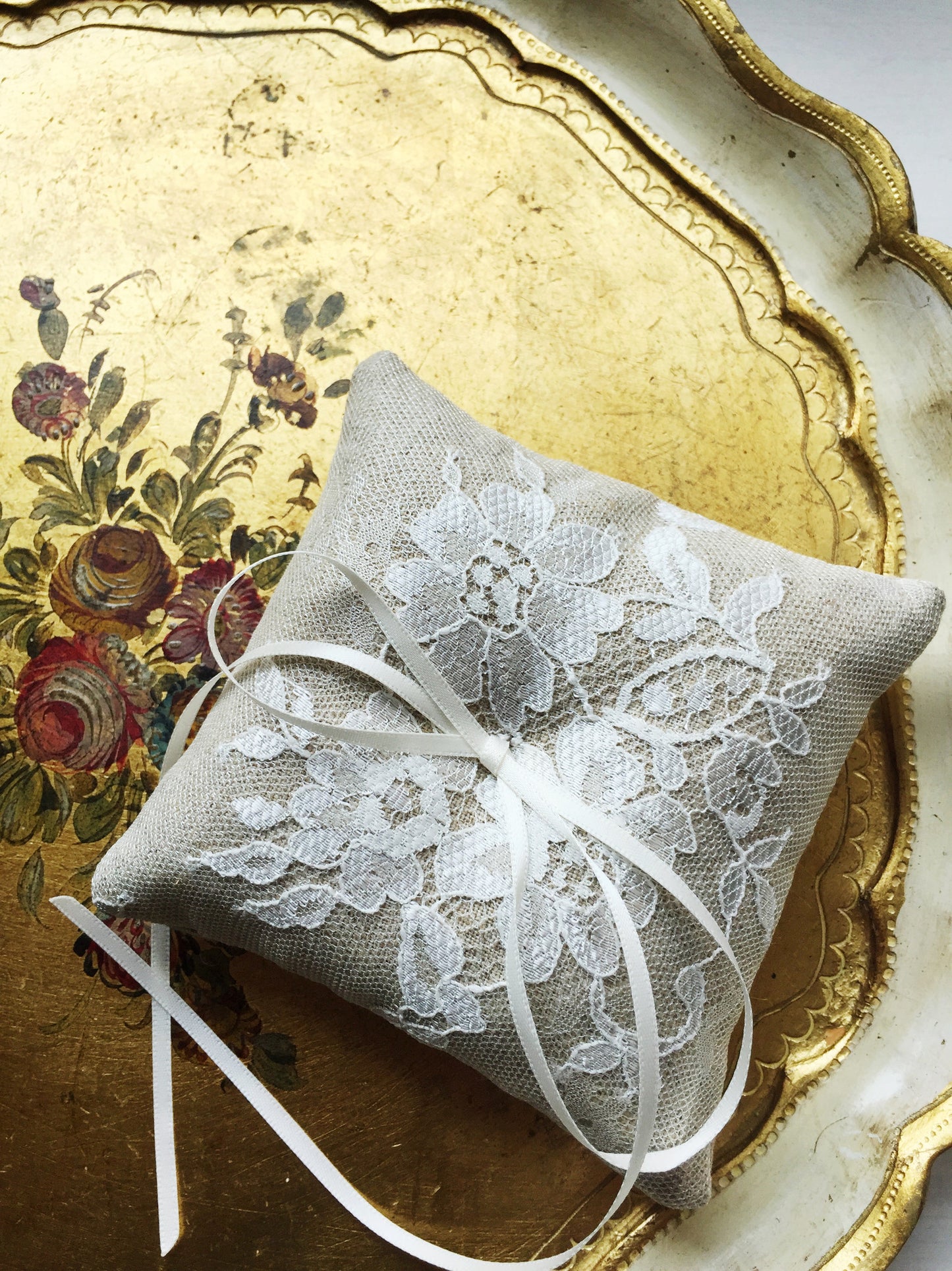 Shabby Chic Dainty Lace Ring Pillow in Oatmeal