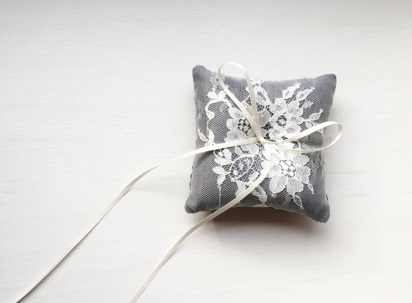 Shabby Chic Dainty Lace Ring Pillow in Slate Blue