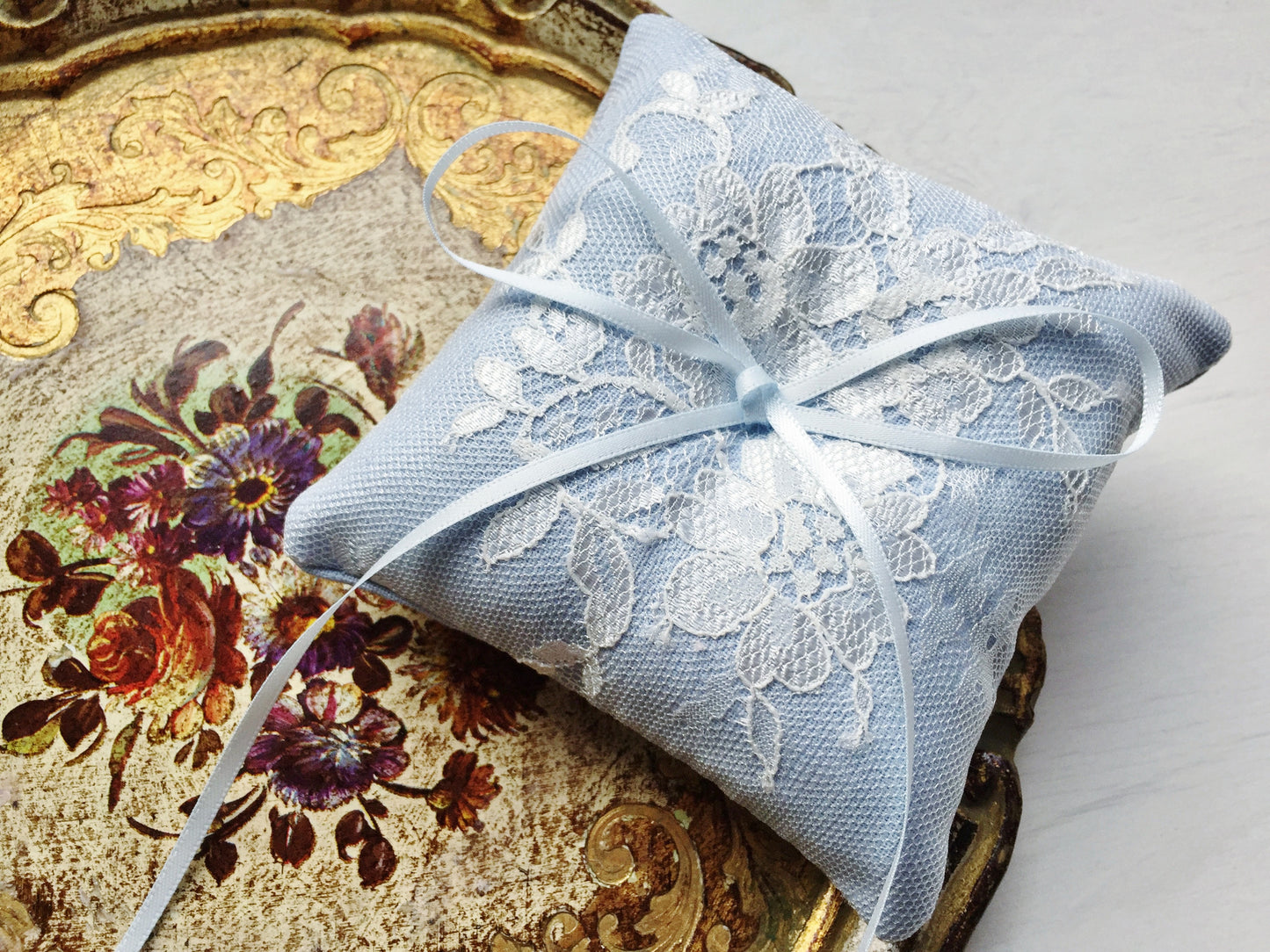 Shabby Chic Dainty Lace Ring Pillow in Vintage Blue