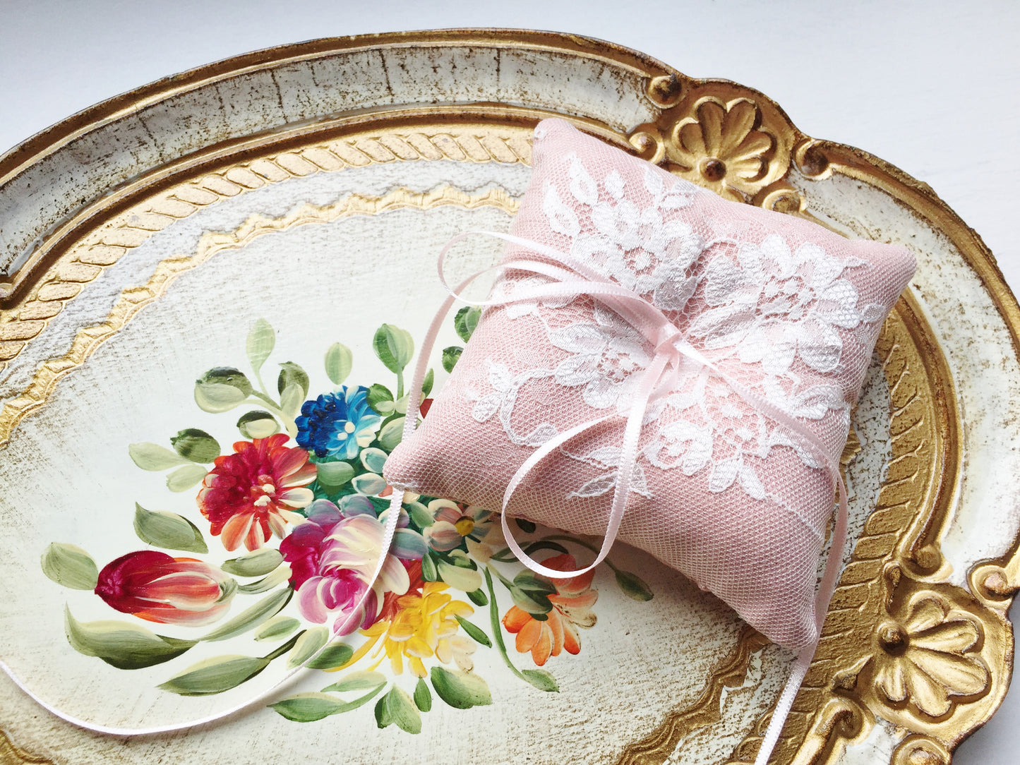 Shabby Chic Dainty Lace Ring Pillow in Vintage Pink