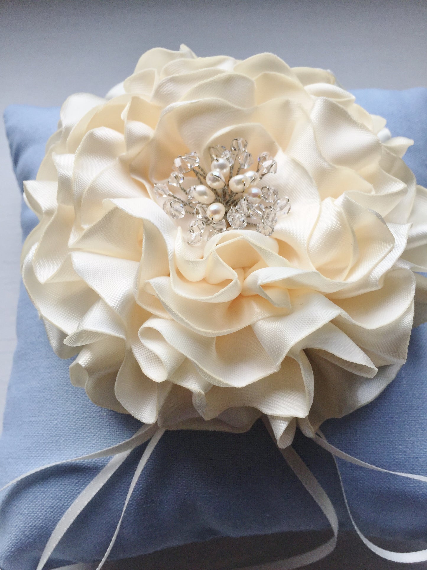 Signature Peony Ring Pillow in Vintage Sky Blue and Cream Peony