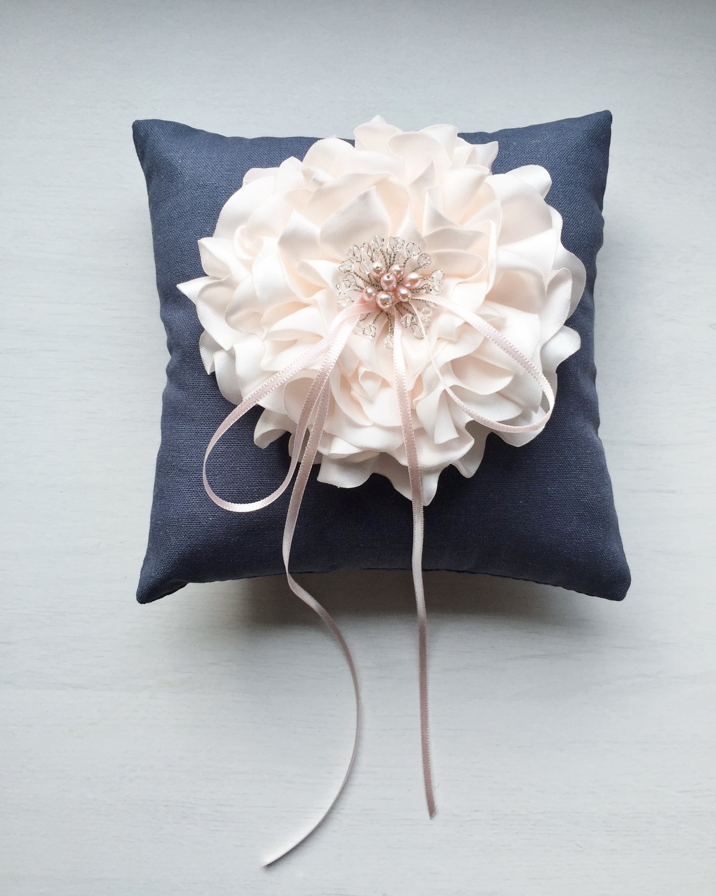 Signature Peony Ring Pillow in Antique Blue and Powder Pink Peony