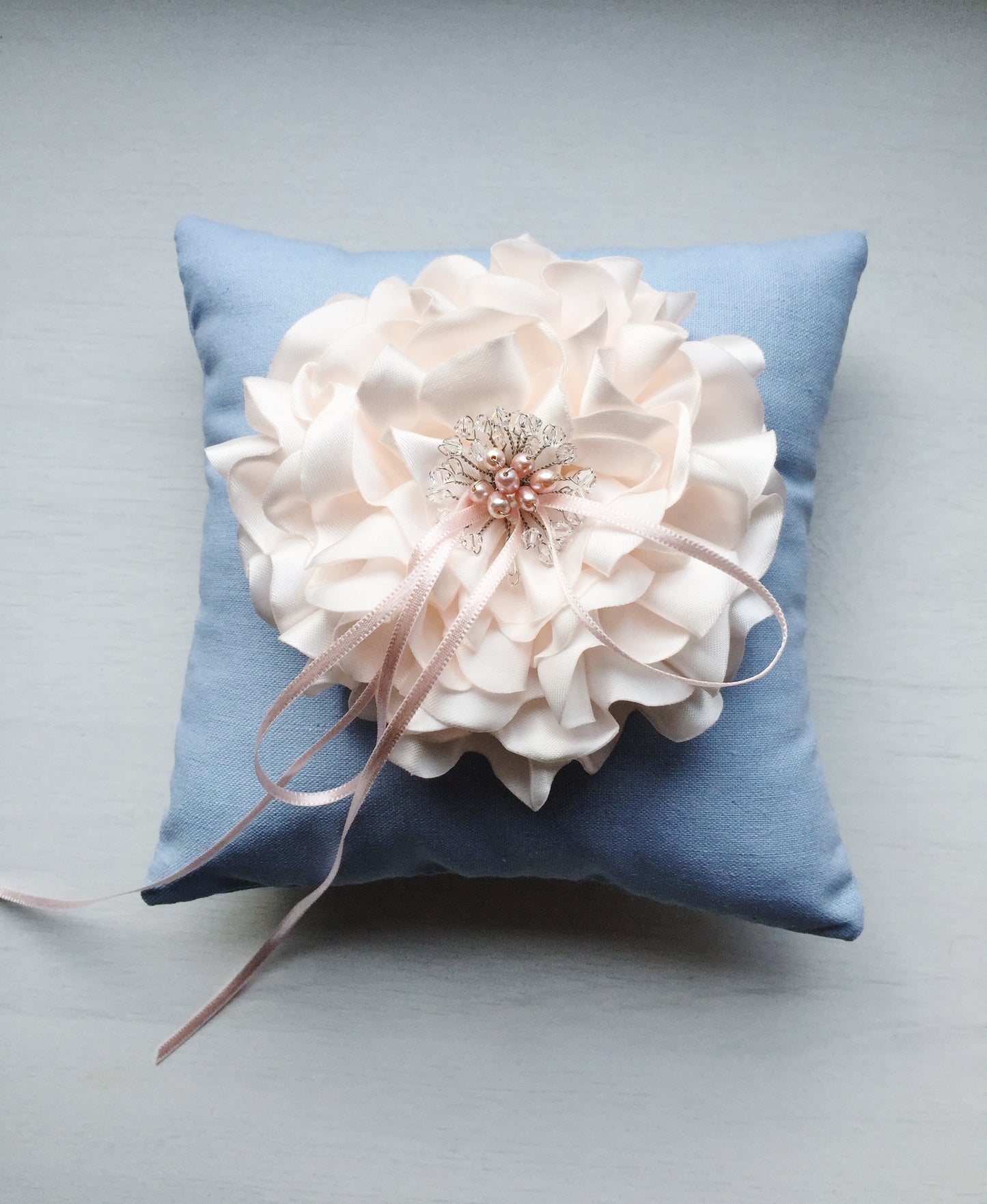 Signature Peony Ring Pillow in Vintage Sky Blue and Power Pink Peony